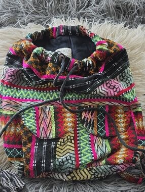 Boho Embroidered Drawstring Backpack - Multicolor